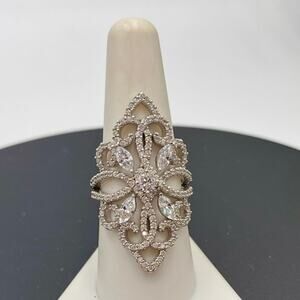 Designer Signed Sterling Silver 925 Filigree Marquise and Pave CZ Ring Sz 8.5